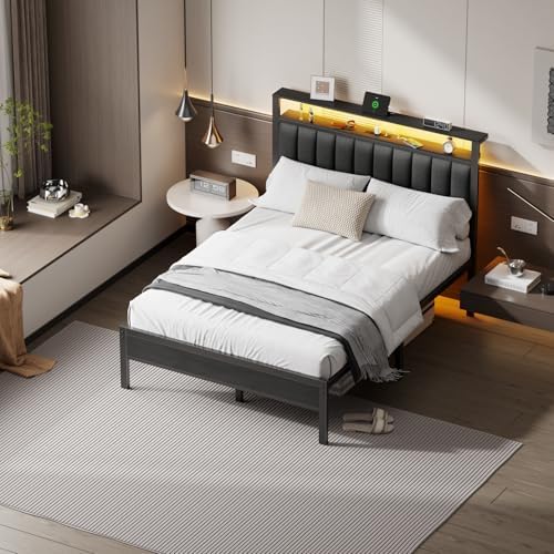 Furnulem Queen Size Bed Frame with Charging Station and LED Lights