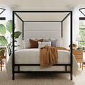 Merax King Size Black Metal Canopy Bed Frame, 76.5" Tall Velvet Upholstered Headboard, 4-Poster Bed with 800 lbs Capacity, Box Spring Required for Master Bedroom, Black+White