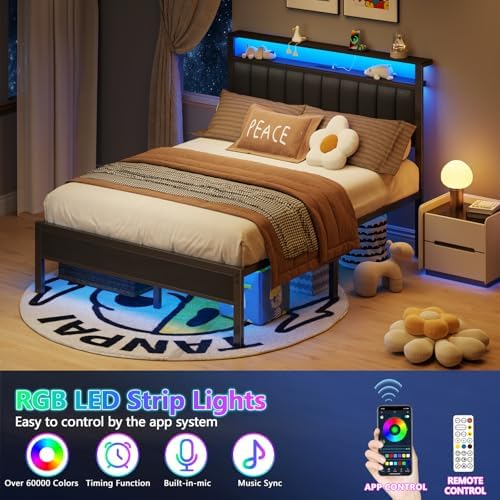 Furnulem Queen Size Bed Frame with Charging Station and LED Lights