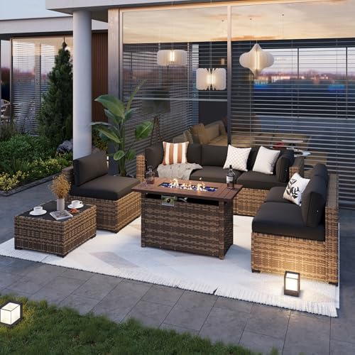 Aoxun Patio Furniture Sets, 8-Piece Outdoor Patio Furniture with 44'' Propane Gas Firepit Table, Wicker Outdoor Conversation Set Sectional Sofa for Backyard, Poolside, Garden (Black Cushion)