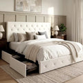 Allewie King Size Storage Bed Frame with 4 Underbed Drawers, Upholstered Platform Bed with Adjustable Headboard, Diamond Button Tufted, Easy Assembly, Noise-Free, No Box Spring Needed, White