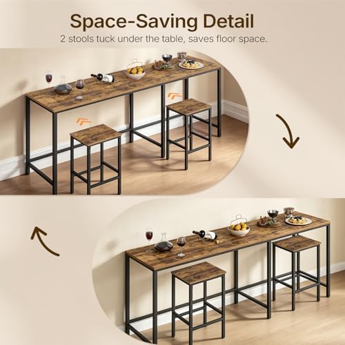 YATINEY 78.7" Bar Table and Chairs Set, L-Shaped Bar Height Table and 2 Chairs, Convertible Bar Table with Stools for Kitchen, Corner, Apartment, Easy to Assemble, Rustic Brown and Black BT14BR