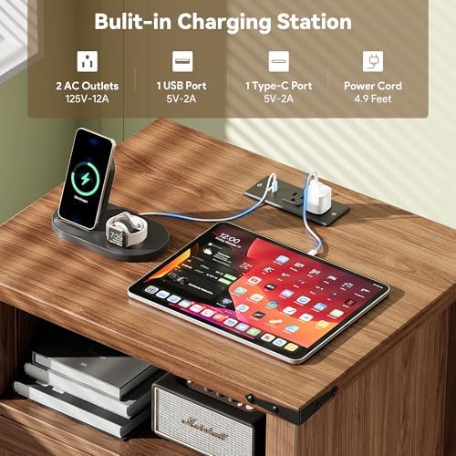 Decofy Farmhouse Nightstand Set of 2 with Charging Station, 2 Drawers
