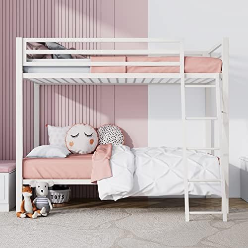 SHA CERLIN Bunk Bed Twin Over Twin Size with Ladder and Guardrail,White