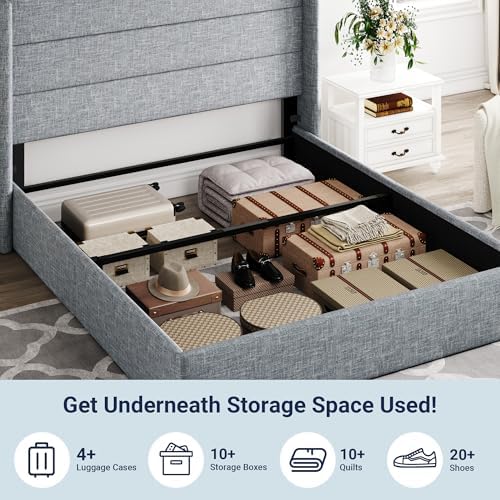 Allewie Queen Size Lift Up Hydraulic Storage Bed Frame Blue Grey