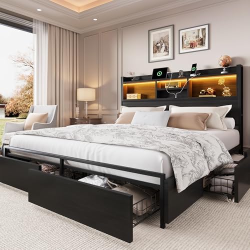 LARMACE King Size Bed Frame with 6 Storage Drawers and Headboard Wooden Platform Bed Frame with LED Lights and Charging Station Easy Assembly/No Box Spring Needed/Black