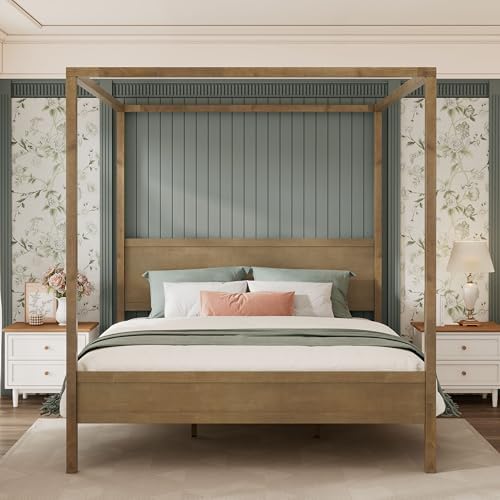 Merax Queen Canopy Bed Frame with Headboard & 4 Posters, Antique Natural