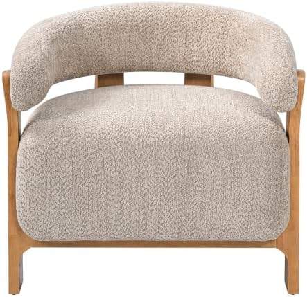 Merax 28.7'' Mid-Century Modern Boucle Accent Chair with Solid Wood Frame, Curved Arm Barrel Chair Upholstered Boucle Fabric Lounge Chair for Living Room, Bedroom & Office, Light Taupe + Natural