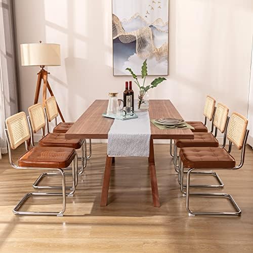 Zesthouse Natural Rattan Dining Chairs Set of 6, Mid Century Modern Dining Room Chairs with Chrome Leg, Faux Leather Kitchen Chair with Solid Wood Back & Cane Mesh, Breuer Cesca Design Inspired, Brown