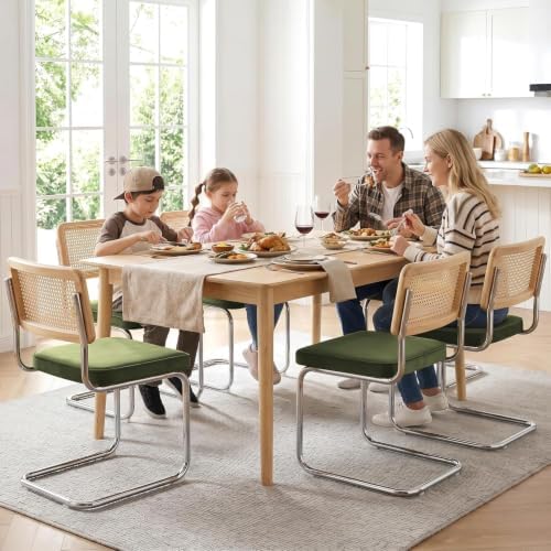 Zesthouse Mid Century Modern Dining Chairs Set of 4, Natural Rattan Dining Chairs with Solid Wood Back & Chrome Base, Upholstered Velvet Fabric, Green