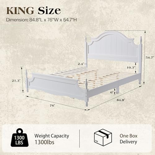 LUXOAK King Size Solid Wood Poster Bed, 55" Arched Headboard, White
