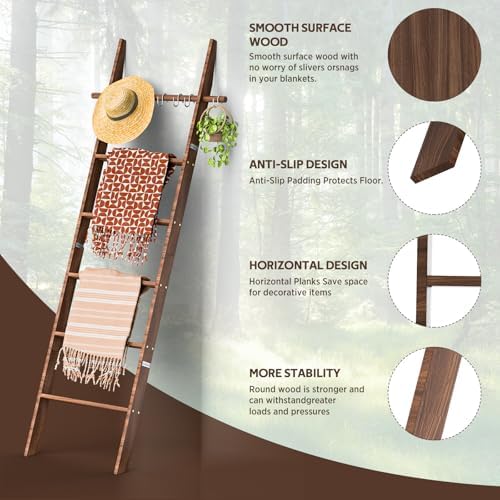 Farmhouse Wooden Blanket Ladder with Removable Hooks Brown 6-Tier