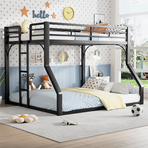 PVWIIK Queen Over King Bunk Bed with Guardrails,Black