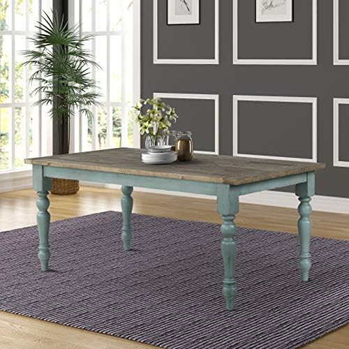 Roundhill Furniture Prato 6-Piece Dining Set, Dining Table with 4 Cross Back Chairs and Bench, Antique Blue and Distressed Walnut Finish