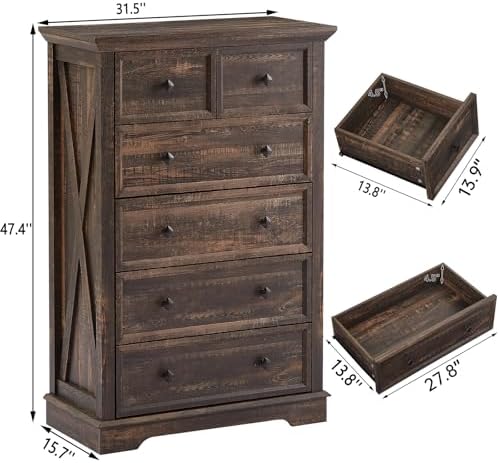 Farmhouse 6 Drawers Dresser Chests for Bedroom,Tall Chest of Drawers