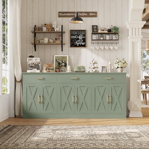 HOSTACK 71"W Farmhouse Kitchen Sideboard Buffet Cabinet with Storage, Green