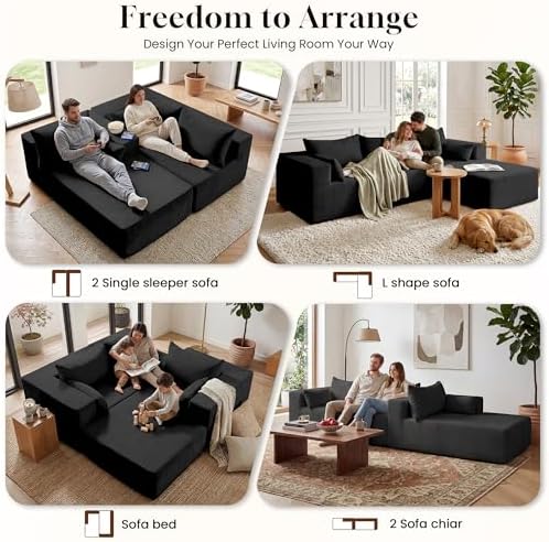 GRUSIGN106 Cloud Sectional Boneless Couch for Living Room, Modular L Shaped Couches with Oversized Right Facing Chaise, Memory Foam Compressed Spineless Deep Seat 3 Seater Sofa for Apartment, Black