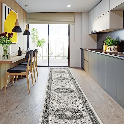 Hallway Washable Runner Rug - 2'6x12 Kitchen Rugs Entryway Rug Runner Vintage Soft Floor Mat Non Slip Indoor Farmhouse Carpet for Bathroom Living Room Bedroom (2'6''x12', Grey)