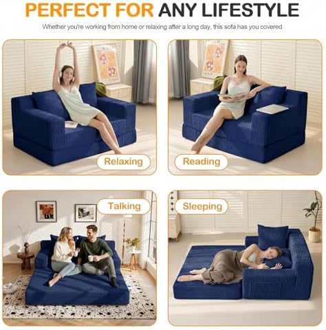 Erament Boneless Loveseat Convertible Sofa Bed, Folding Floor Futon Sleeper Sofa Couch Bed- Boneless Foldable Couch, Corduroy Pull Out Sofa Bed with 2 Pillows for Living Room & Bedroom