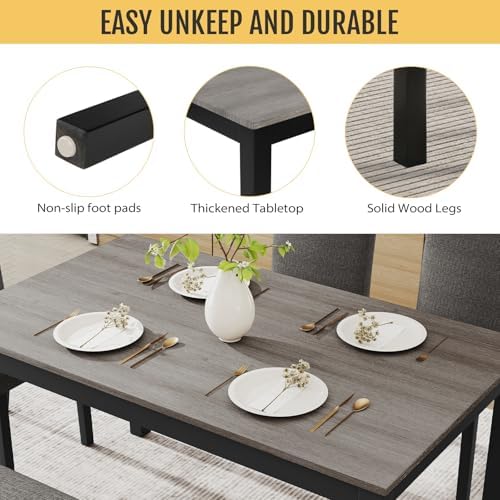 Zevemomo 6-Piece Solid Wood Dining Table Set, Wooden Legs, Dark Gray