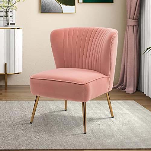 HULALA HOME Velvet Accent Chair, Modern Upholstered Cute Side Chair with Gold Metal Legs, Armless Wingback Slipper Chair Comfy Living Room Chair for Bedroom Guest Room Vanity,Pink