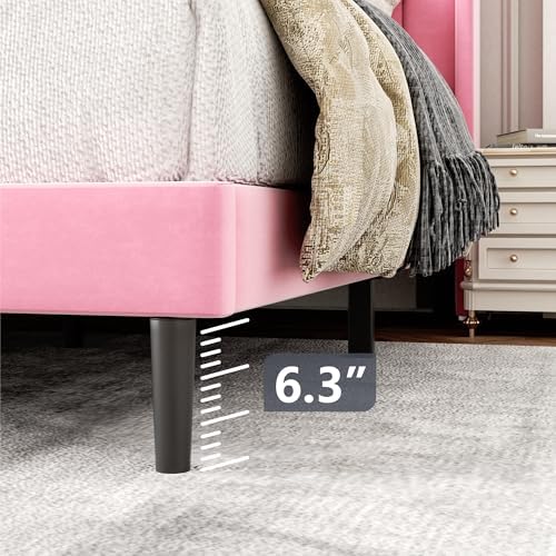 Gruwans Twin Size Bed Frames with Wingback Headboard Easy Assemnly Platform Bedframe, Sturdy Wooden Slat Support No Box Spring Needed, Pink Velvet