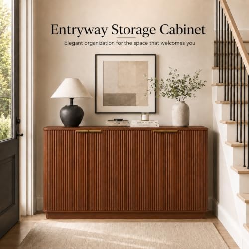 USHOWER 63" Fluted Buffet Cabinet with Storage, Wooden Sideboard, Walnut