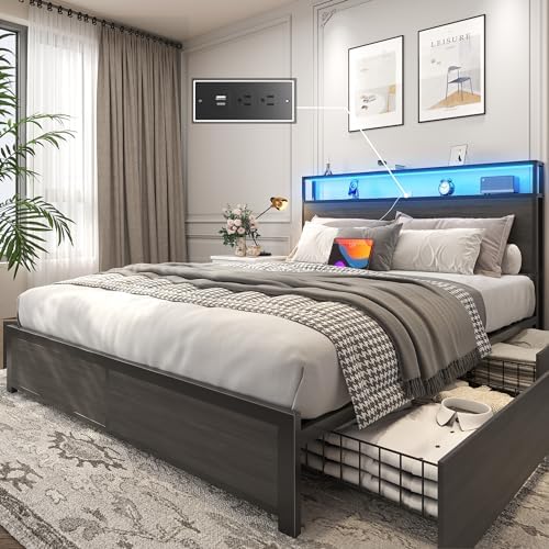 Lifezone Queen Bed Frame with 2-Tier Storage Headboard, Metal Platform Bed Frame with 4 Storage Drawers, Built in Charging Station & LED, Noise-Free/Metal Support/No Box Spring Needed, Rustic Grey
