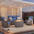 Luxury Patio Furniture Set with Fire Pit Table-4 Pieces High Back Wicker Swivel Rocker Chairs with 6" Extra Thick Cushions, Outdoor Patio Conversation Sets for Garden Deck(Brown/Blue)