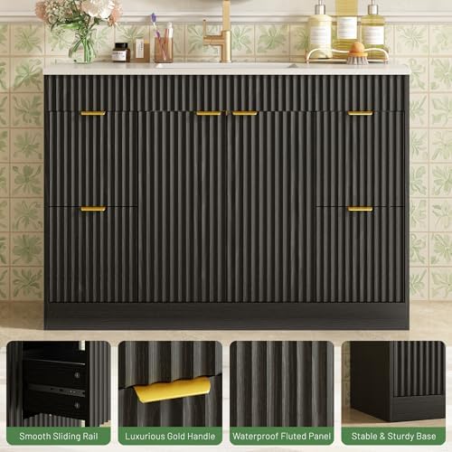 CARPETNAL 48 Inch Bathroom Vanity with Sink, Black. | Modern Fluted Bathroom Vanity with Sink with Storage Cabinet, Adjustable Shelf and 2 Soft Closing Doors & 4 Drawers.