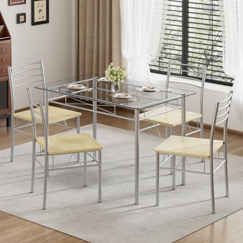 VECELO Dining Table Set for 4, 5-Piece Glass Kitchen Table with Chairs for Small Space, Breakfast Nook, Space-Saving, Silver