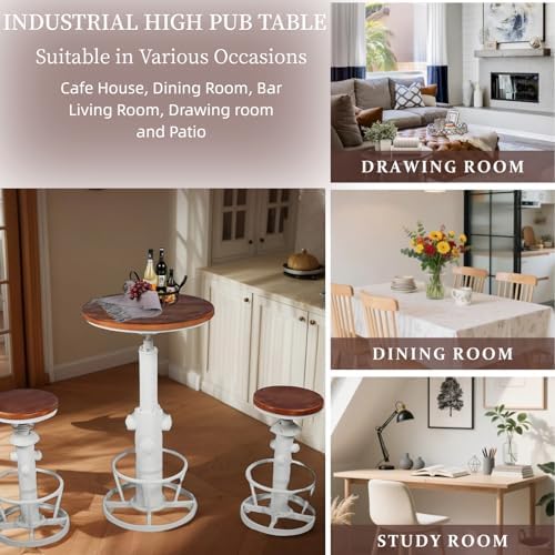 Vintage Pub Table 38.6-44.5inch Height Adjustable Industrial High Bar Table in Home Kitchen Farmhouse Cafe Table for 2-3 People Swivel Wooden Top