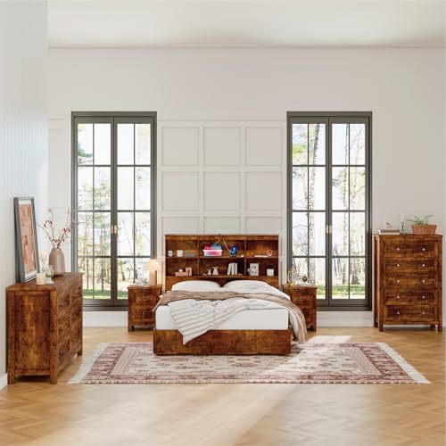 LUXOAK 4-Piece Farmhouse Bedroom Set with Dressers & Nightstands, Brown