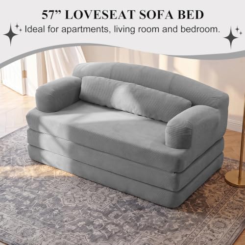 57” Convertible Sleeper Sofa Bed, Boneless Couch, Light Gray
