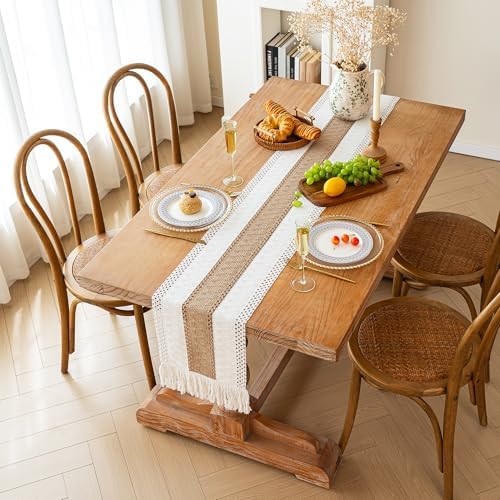 FEXIA Boho Table Runner for Fall Home Decor 12x72 Burlap with Tassels