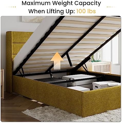 SHA CERLIN Queen Size Lift Up Hydraulic Storage Bed Frame Olive Yellow