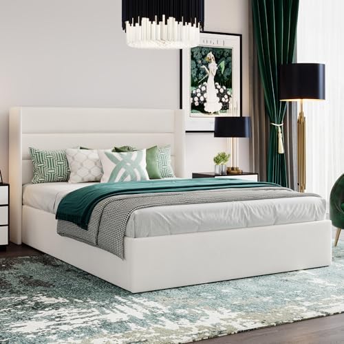 SHA CERLIN Full Size Lift Up Hydraulic Storage Bed Frame White