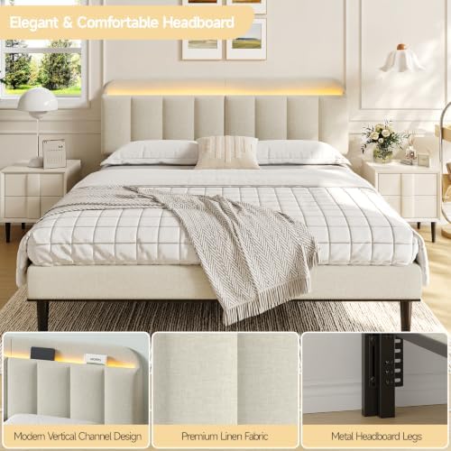 ONBRILL King Headboard Only with LED Light, Upholstered Storage Headboards