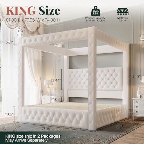 Jocisland King Canopy Bed Frame Velvet Upholstered Headboard, Cream