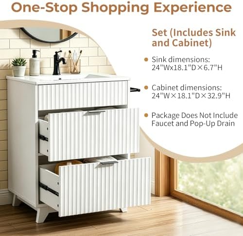 VINGLI 24 Inch Bathroom Vanity with Sink, White Bathroom Sink Cabinet with Fluted Drawers, Freestanding Modern Vanity Cabinet with Ceramic Basin, Black Handles & Side Toilet Paper Holder