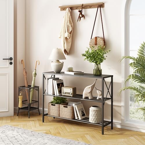 Hoctieon Industrial Console Table, 3 Tier Entryway Table, Hallway Table, Narrow Sofa Table with Shelves, Entrance Table for Entryway, Living Room, Foyer, Hallway, Office, Black