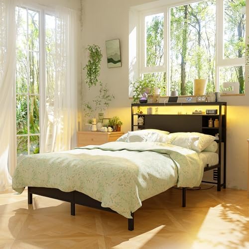 Unikito Full Size Headboard with Storage, Headboard with Outlets and RGB LED Light, Sturdy Head Boards for Full Size Bed, Stable Head Board Only for Bedroom, Dorm Room, Guest Room, Black
