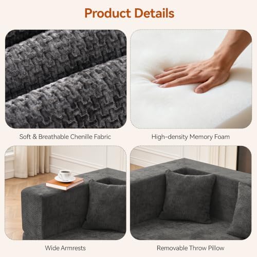 MONVANE 103'' Modular Sectional Sofa, Comfy Chenille Cloud Couch with Ottoman, Modern Convertible L Shaped Couch with Deep Seat, Sectional Couches for Living Room, No Assembly Required, Grey