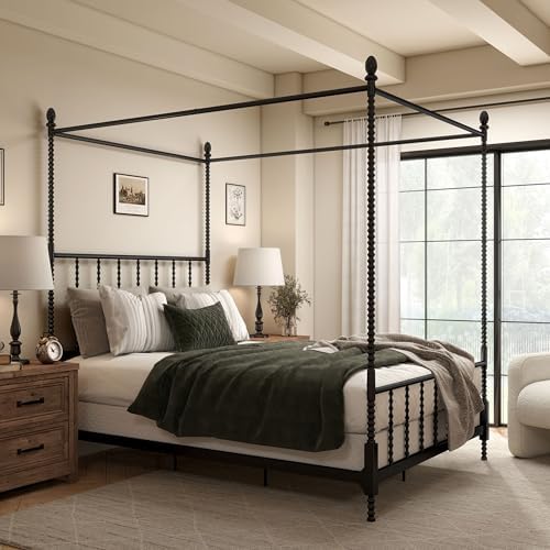 Furniture of America Vaeli Modern Metal Full Size Four Poster Bed Frame with Spindles, Canopy Bedframe for Bedroom, Guest Room, Box Spring Required, Black