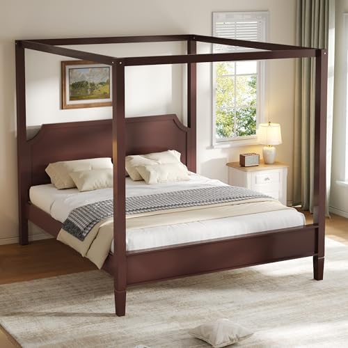 Queen Size Wood Canopy Bed Frame, Walnut Vintage Four-Posters Platform Bed Frames with Headboard, 10-Slat Support Wooden Post Beds, 8" Under Bed Storage, Easy Assembly (Walnut, Queen, 77"H)