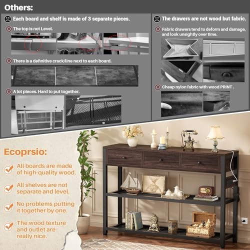 Ecoprsio 47'' Entryway Table with Outlets and USB Ports, Console Table with 3 Drawers, Sofa Table Narrow Long with Storage Shelves for Living Room, Couch, Hallway, Foyer, Black Walnut Finish