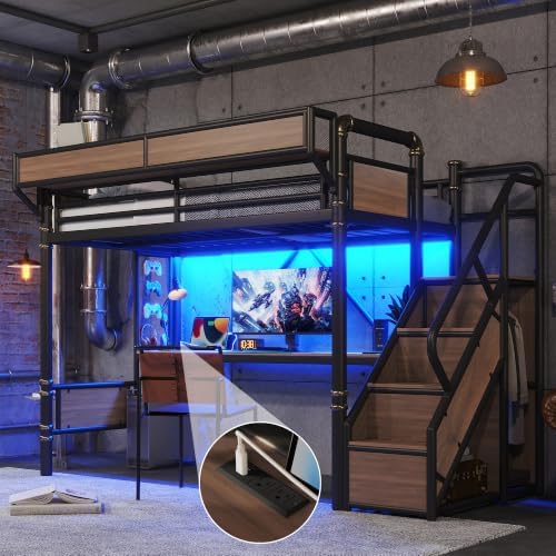 KEIKI Twin Size Metal Loft Bed Frame with Storage Staircase, Desk, Black