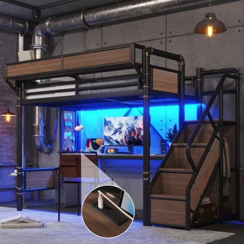 KEIKI Twin XL Size Metal Loft Bed Frame with Storage Staircase, Desk, Black