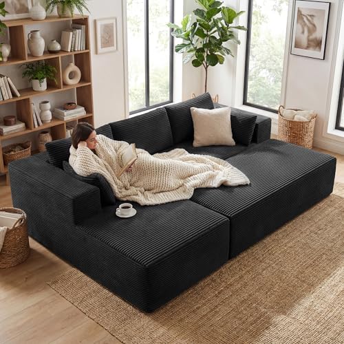 GRUSIGN 106" Oversized Sectional Boneless Sleeper Sofa Bed Couches for Living Room, Modular L Shaped Couch with Left Facing Chaise & Big Ottoman, Compressed Spineless Corduroy Cloud Sofas, Black