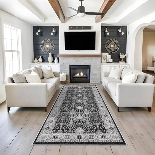 Washable 4x8 Hallway Runner Rug: Vintage 8ft Soft Runners for Entry Living Room Wide Low Pile Carpet with Non-Slip Backing for Kitchen Bedroom Thin Stain Resistant Floor Mat for Dining Room(Black,4x8)